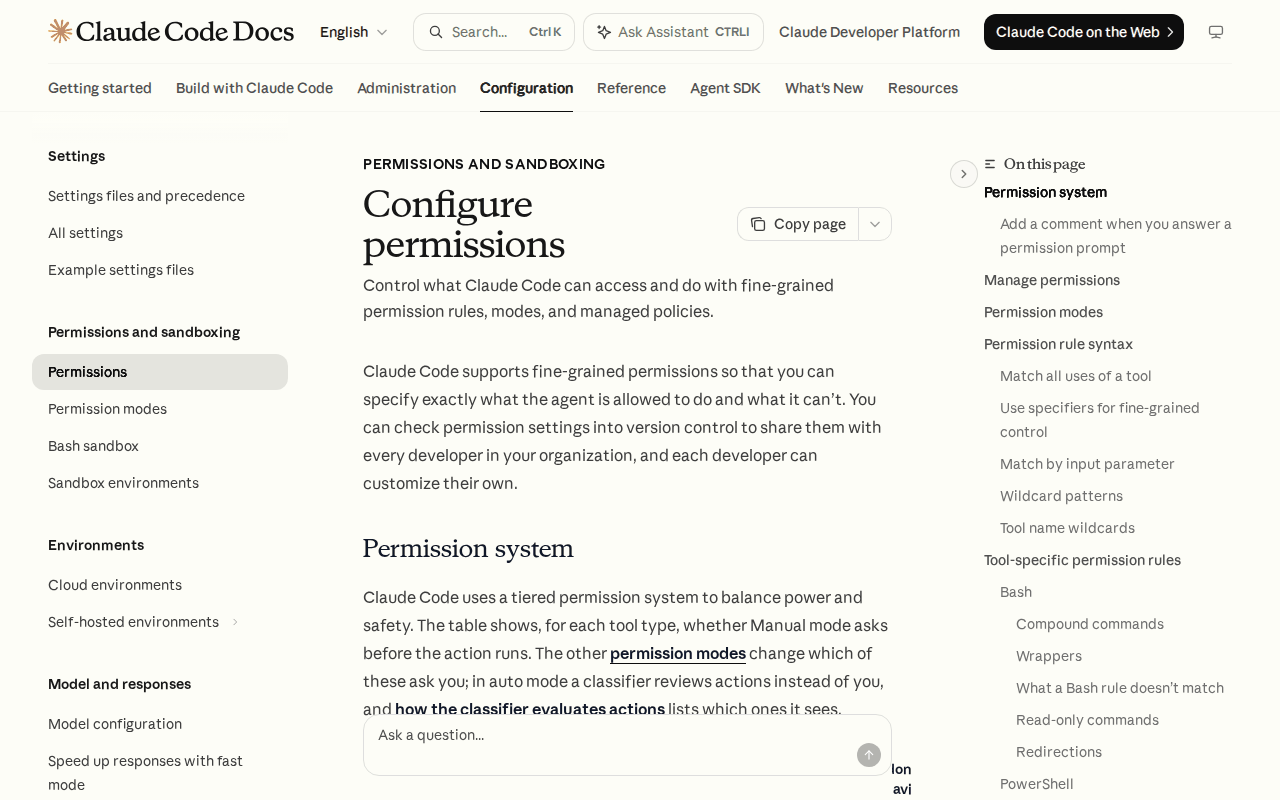 Claude Code docs, Configure permissions: fine-grained permission rules, modes, and managed policies, with the Permission system section describing a tiered permission system