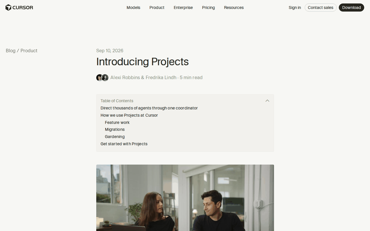 Cursor blog post Introducing Projects by Alexi Robbins and Fredrika Lindh, dated Sep 10, 2026, showing its table of contents