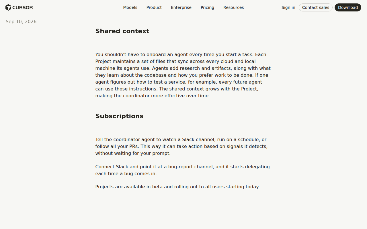 Cursor changelog, Sep 10, 2026: the Subscriptions section, telling the coordinator to watch a Slack channel, run on a schedule, or follow all your PRs