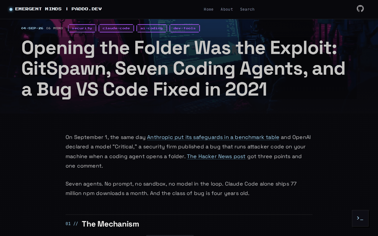 paddo.dev post header: Opening the Folder Was the Exploit, GitSpawn, seven coding agents