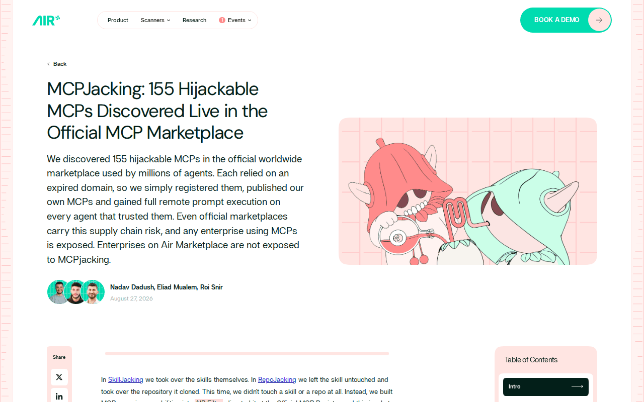 Air Security MCPJacking post header: 155 hijackable MCPs discovered live in the official MCP marketplace, each on an expired domain