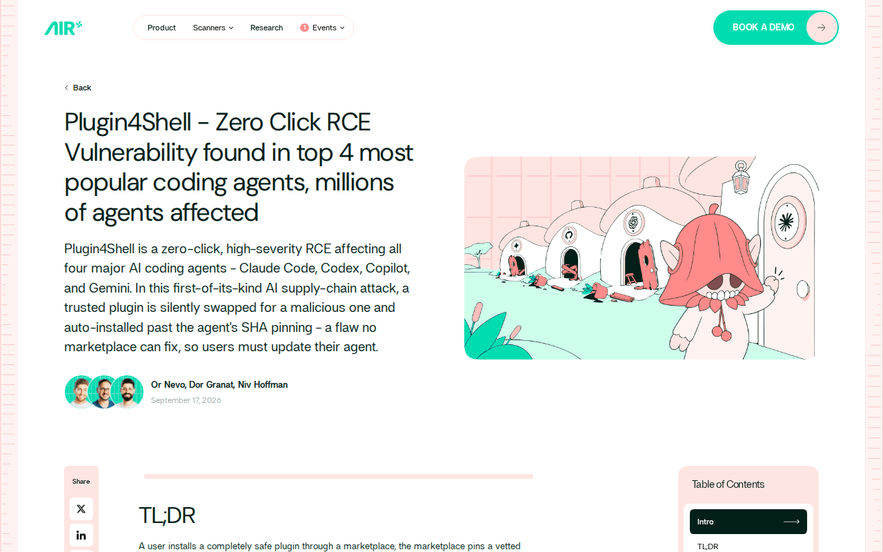 Air Security Plugin4Shell post header: the headline, the zero-click RCE summary naming Claude Code, Codex, Copilot and Gemini, and the three researchers’ byline dated September 17, 2026
