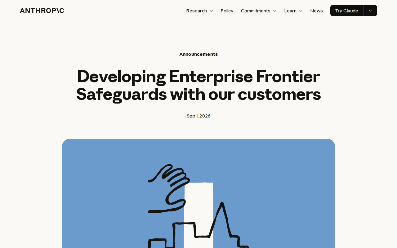 Anthropic newsroom post “Developing Enterprise Frontier Safeguards with our customers”, dated Sep 1, 2026, with the announcement header and hero illustration