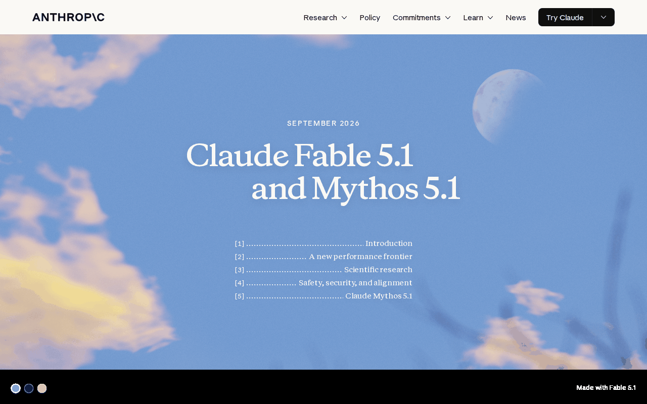 Anthropic’s Claude Fable 5.1 and Mythos 5.1 launch page, dated September 2026, with its five-section table of contents