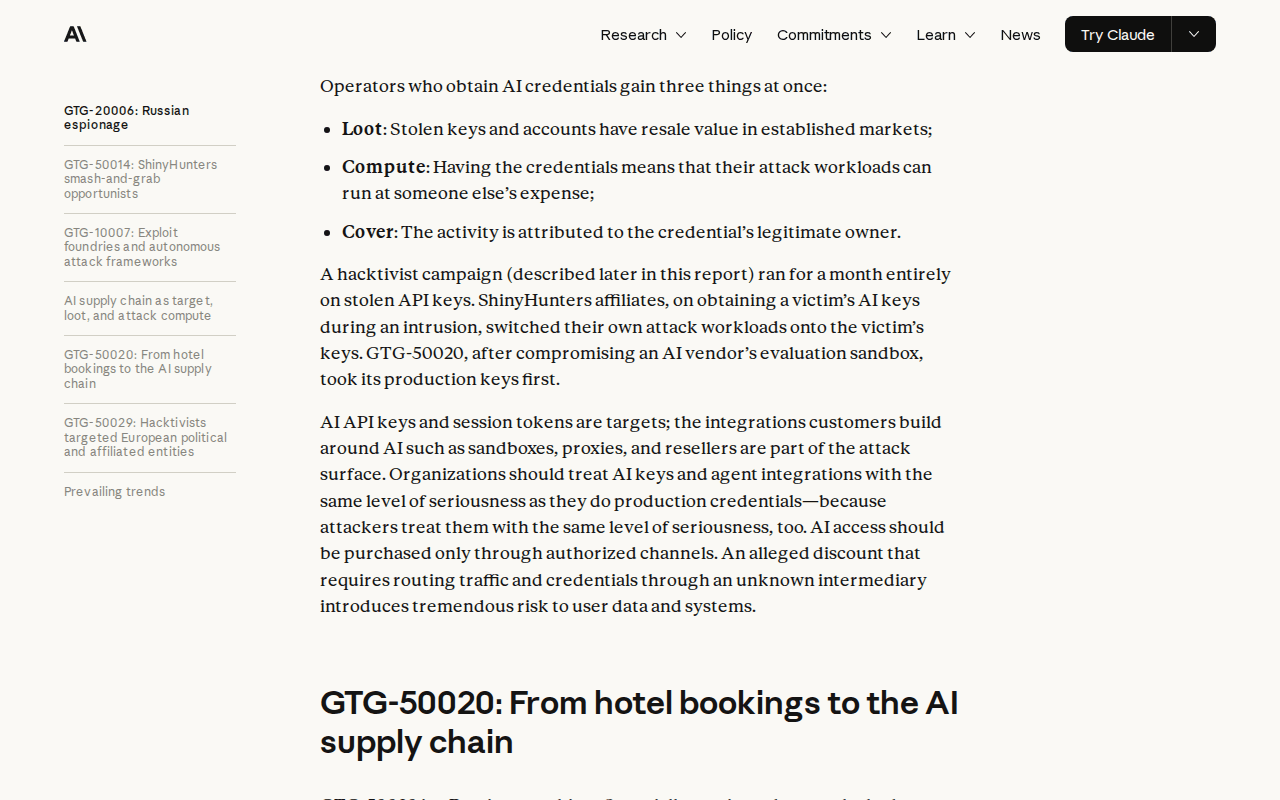 Anthropic’s “Detecting and countering misuse of AI: September 2026” report at the paragraph on treating AI keys and agent integrations as production credentials