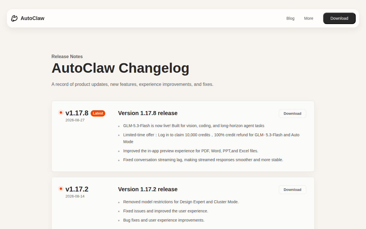 AutoClaw changelog page: the v1.17.8 entry dated 2026-08-27 announcing GLM-5.3-Flash and the 10,000-credit offer, with v1.17.2 below it
