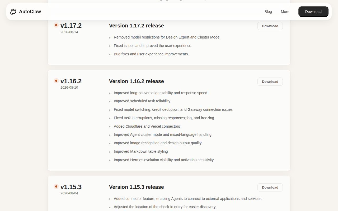 AutoClaw changelog entries v1.17.2, v1.16.2 and v1.15.3, with the v1.16.2 bullet reading Added Cloudflare and Vercel connectors and the v1.15.3 bullet adding the connector feature