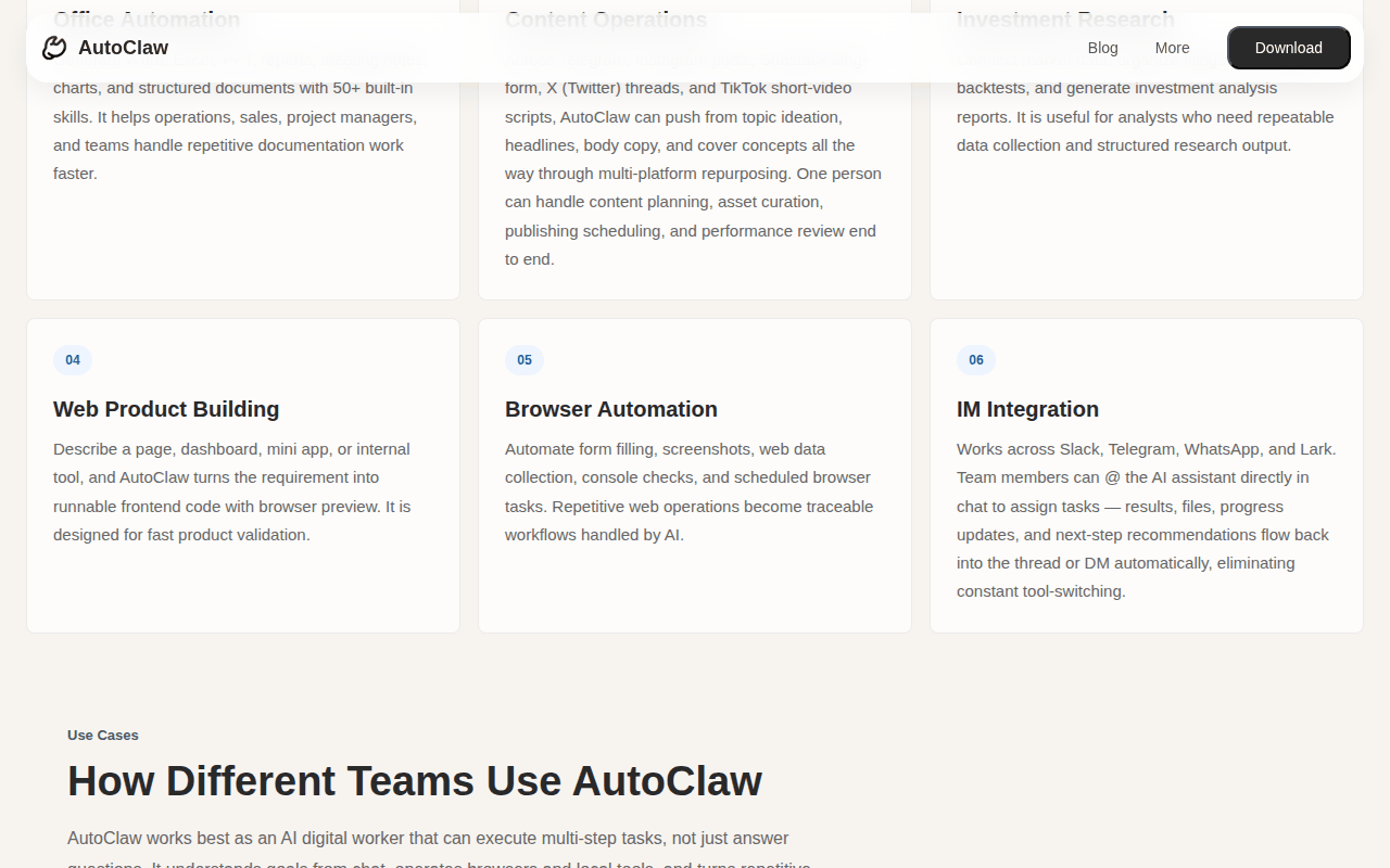 AutoClaw homepage feature grid with the IM Integration card reading Works across Slack, Telegram, WhatsApp, and Lark, beside Browser Automation and Web Product Building cards