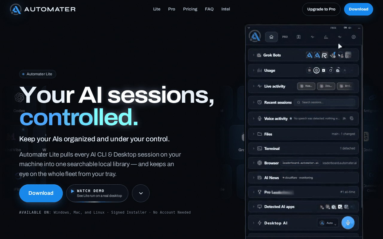 Automater homepage hero beside a rendering of the Lite tray panel, whose stack of Home cards begins with Grok Bots, Usage and Live activity