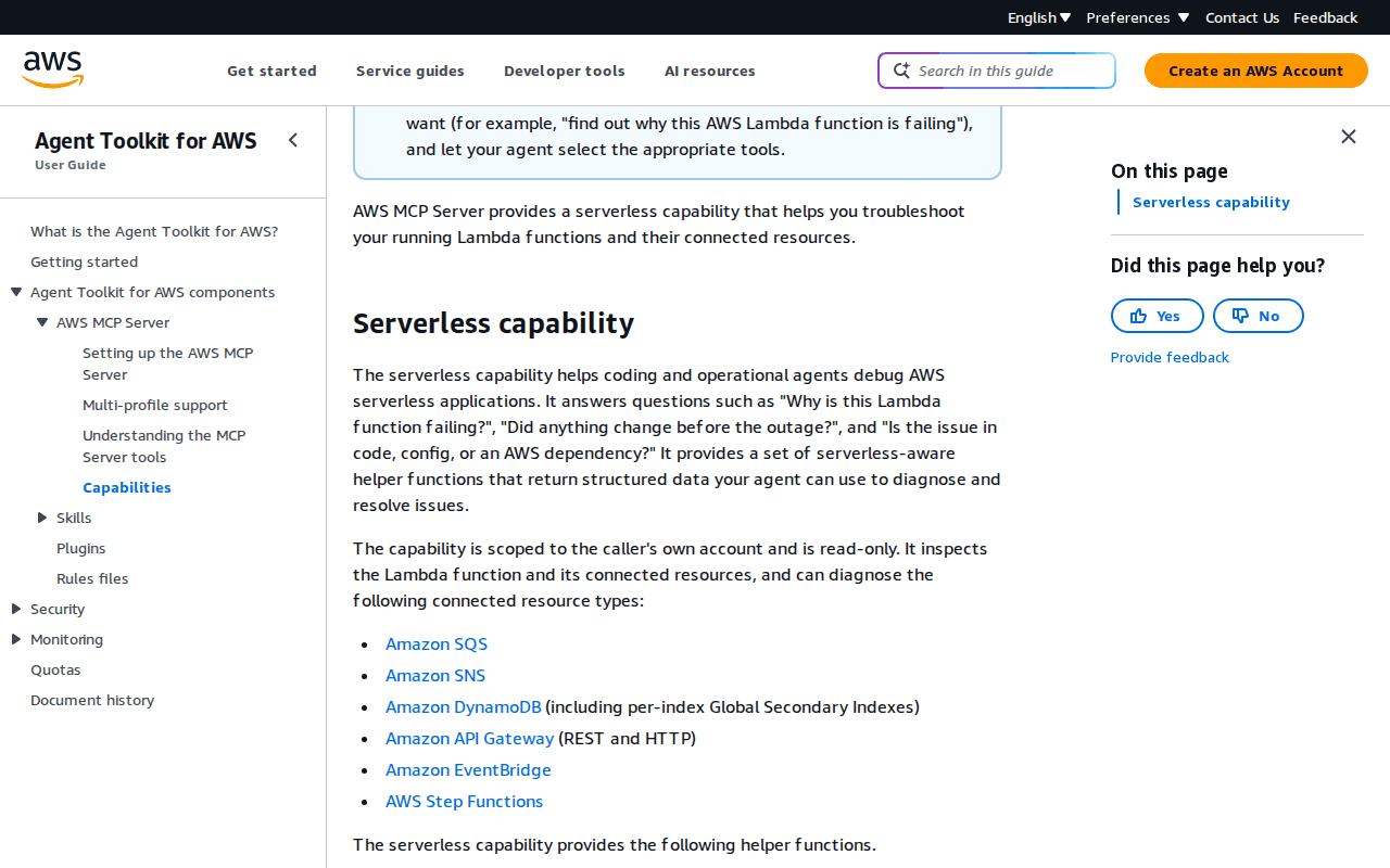 AWS Agent Toolkit capabilities documentation showing the serverless capability with the line that it is scoped to the caller’s own account and is read-only