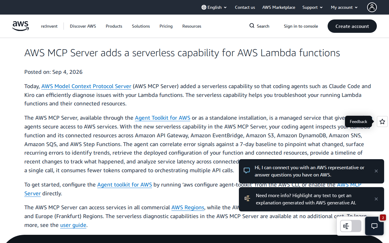 AWS What’s New post announcing that AWS MCP Server adds a serverless capability for AWS Lambda functions, dated Sep 4, 2026