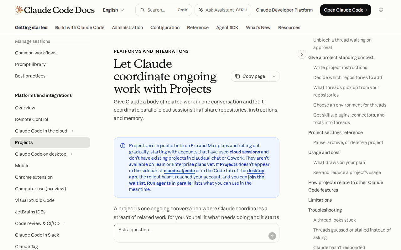 Claude Code docs page for Projects, with the public-beta notice and the right-hand contents listing Pause, archive, or delete a project