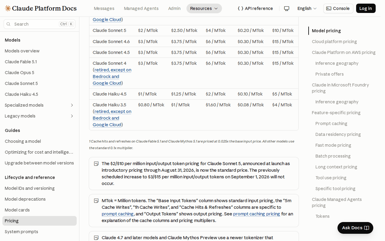Claude Platform Docs pricing table with the Sonnet and Haiku rows and footnote 1: cache hits and refreshes on Claude Fable 5.1 and Claude Mythos 5.1 are priced at 0.025x the base input price