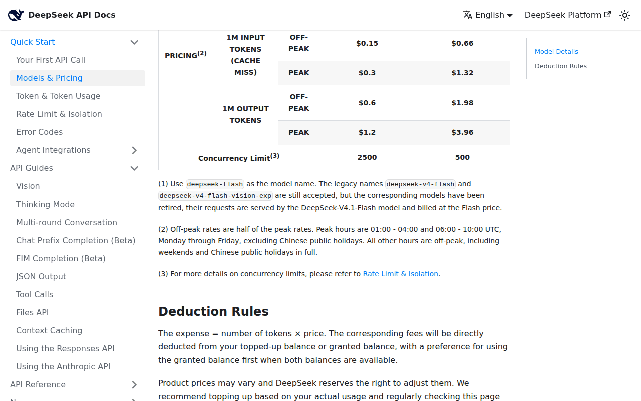 DeepSeek API docs pricing page showing the per-token table with off-peak and peak rows, footnote 1 on the deepseek-flash model name and retired legacy ids, and footnote 2 stating the peak hours in UTC