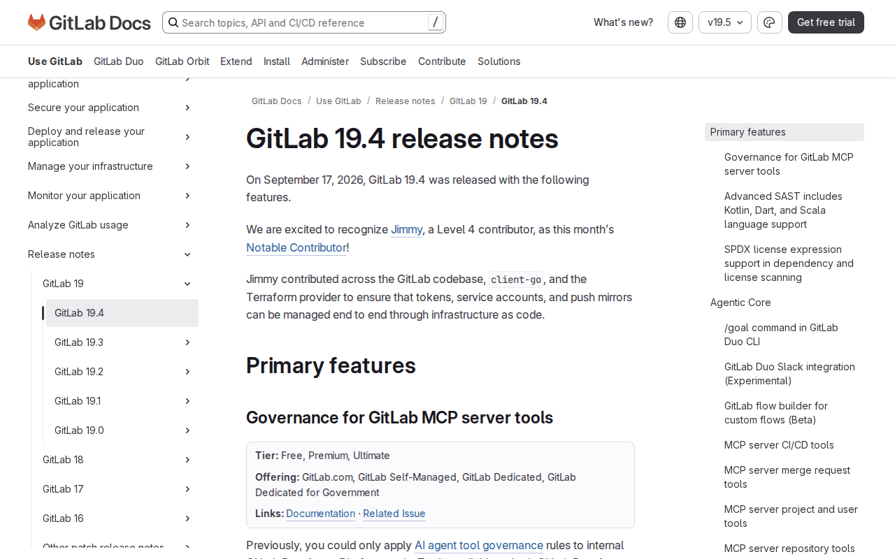 GitLab 19.4 release notes page dated September 17, 2026, opening on its first primary feature, Governance for GitLab MCP server tools, with the Free, Premium, Ultimate tier badge