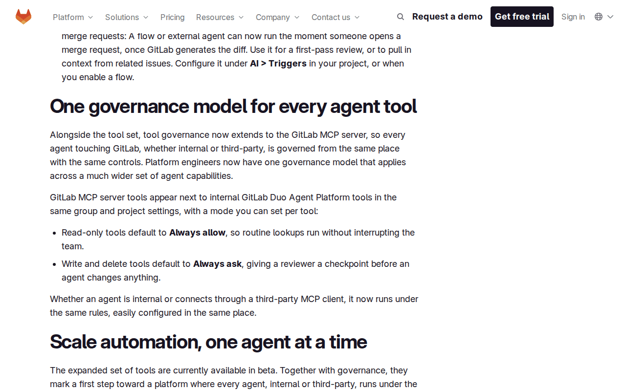 GitLab blog post from Sep 17, 2026, at the passage explaining that read-only tools default to Always allow and write and delete tools default to Always ask