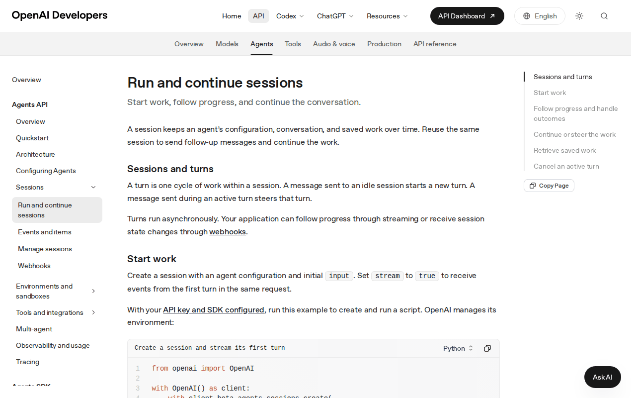 OpenAI Developers docs, Run and continue sessions: the sessions-and-turns definition and the contents entry Cancel an active turn