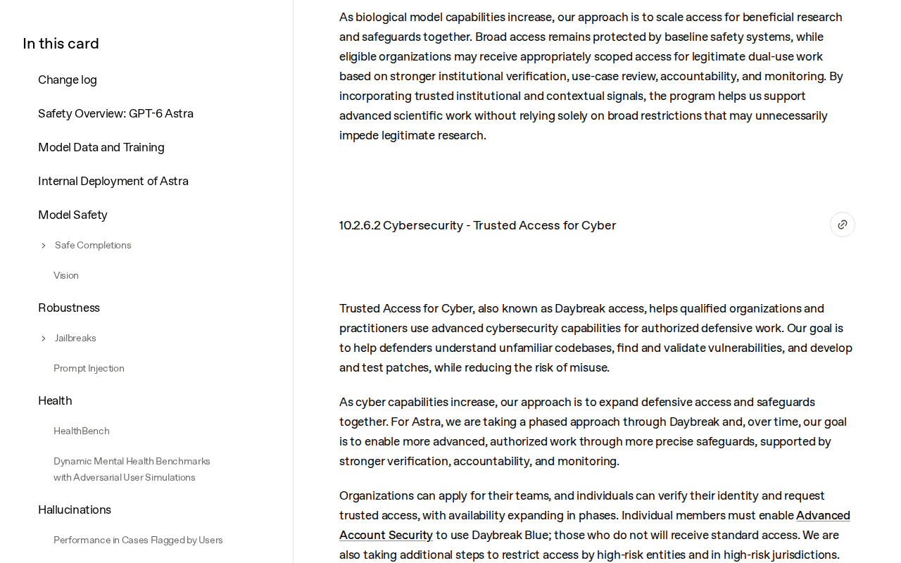 OpenAI’s GPT-6 Astra system card at section 10.2.6.2, Cybersecurity - Trusted Access for Cyber, describing Daybreak access, organization applications, identity verification and the Advanced Account Security rule for Daybreak Blue