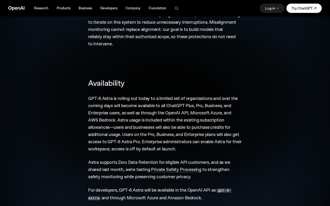 OpenAI GPT-6 Astra launch page, Availability section, stating that enterprise administrators can enable Astra for their workspace and that access is off by default at launch