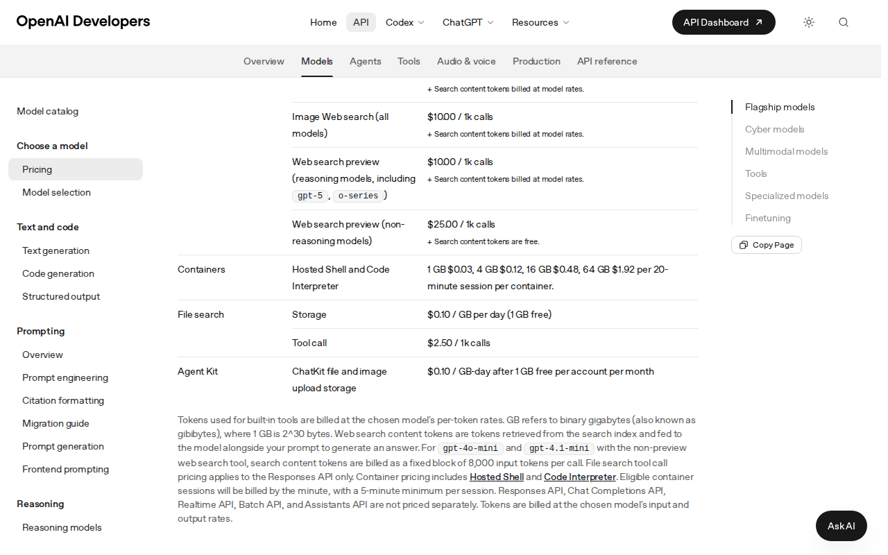 OpenAI API pricing page showing the Containers row for Hosted Shell and Code Interpreter at 1 GB $0.03, 4 GB $0.12, 16 GB $0.48 and 64 GB $1.92 per 20-minute session per container, with the by-the-minute and 5-minute-minimum footnote