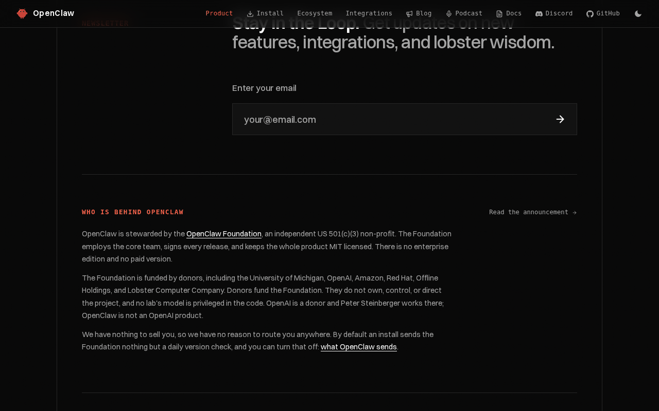 OpenClaw homepage section titled Who is behind OpenClaw, stating the project is stewarded by the OpenClaw Foundation, an independent US 501(c)(3), MIT licensed, with no enterprise edition and no paid version