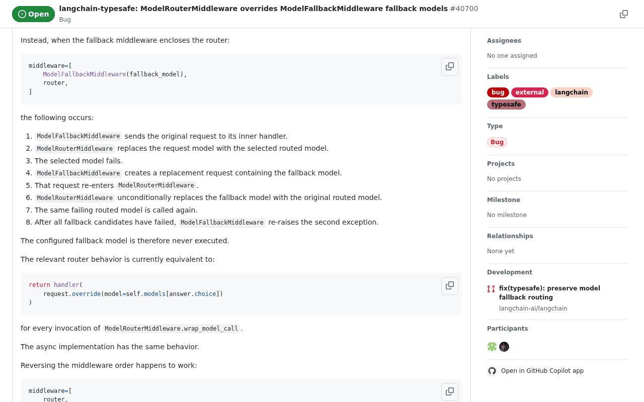 GitHub issue 40700 in langchain-ai/langchain: when ModelFallbackMiddleware encloses the router, the router replaces the fallback model with the original routed model, so the configured fallback is never executed; reversing the order works