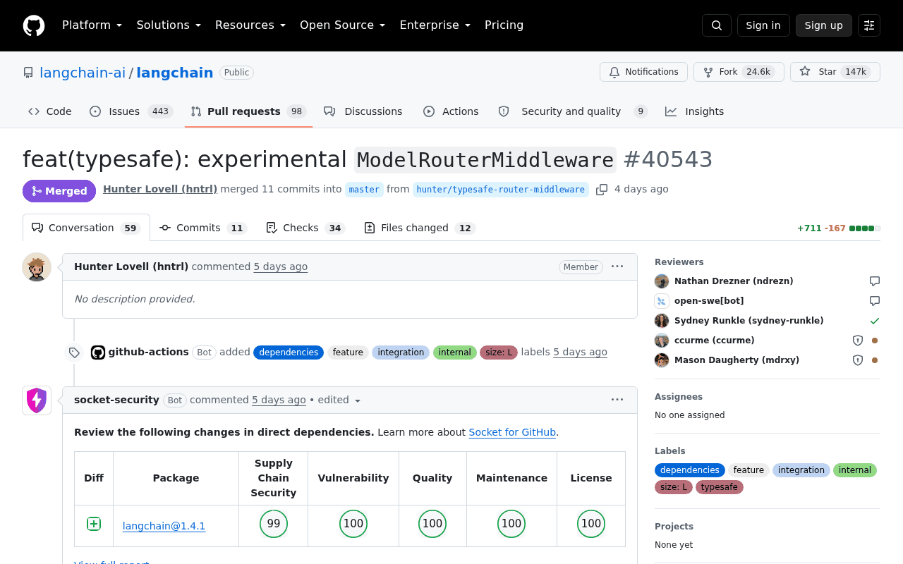 GitHub pull request 40543 in langchain-ai/langchain, titled feat(typesafe): experimental ModelRouterMiddleware, shown as merged by Hunter Lovell with 11 commits and 12 files changed