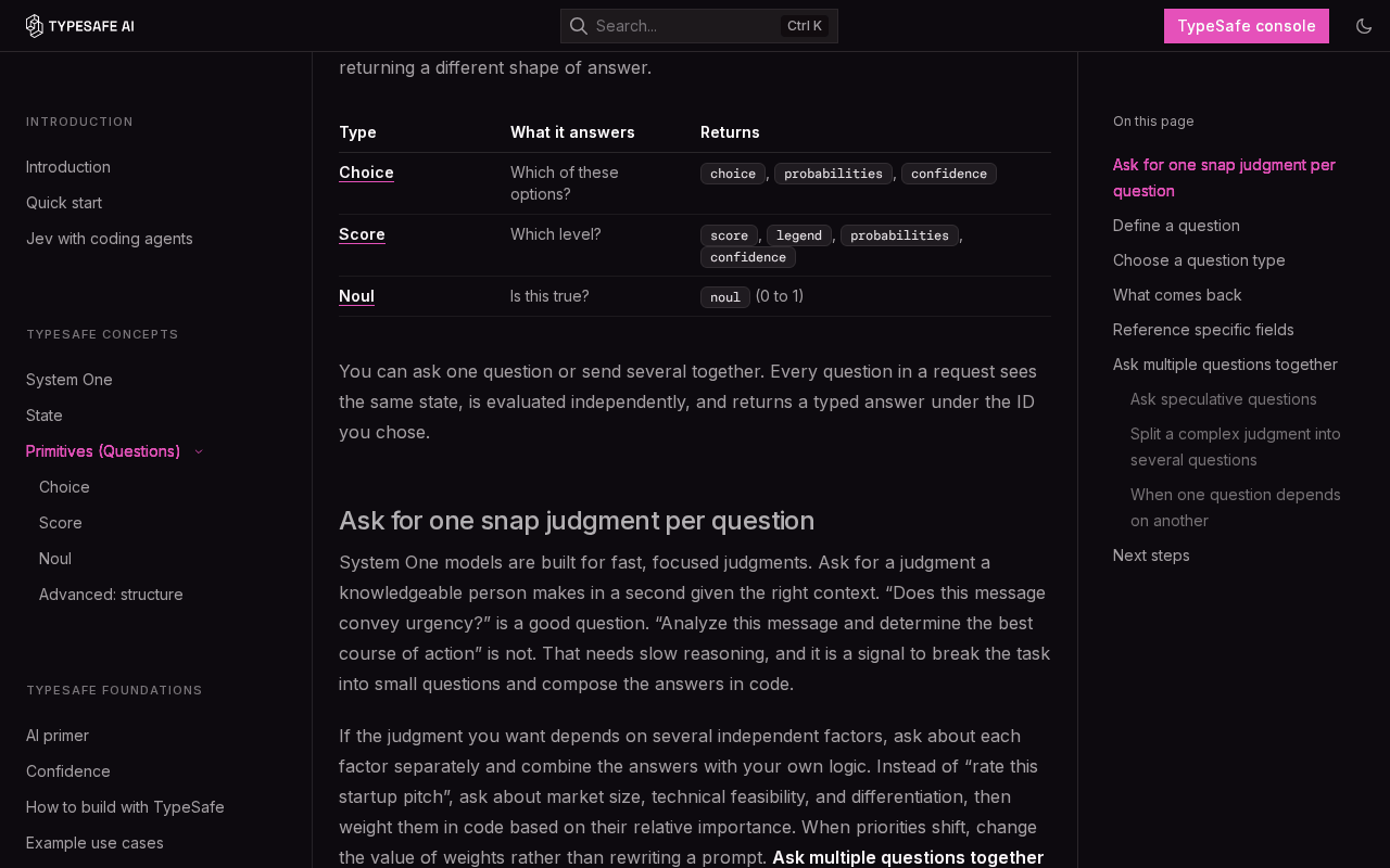 TypeSafe Jev primitives documentation: the Choice, Score and Noul return table above the section “Ask for one snap judgment per question”