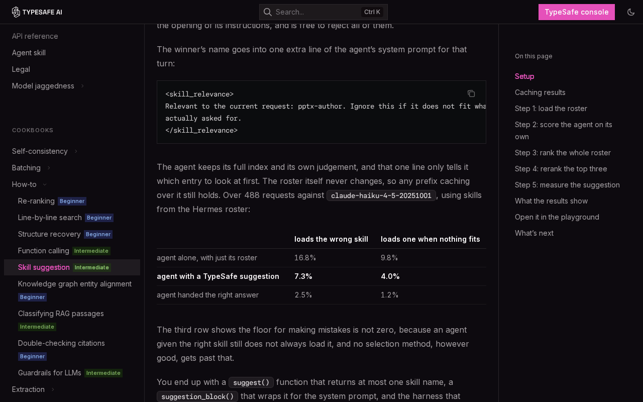 TypeSafe’s skill suggestion cookbook showing the injected suggestion block and a results table over 488 requests: the agent alone loads the wrong skill 16.8% of the time and one when nothing fits 9.8%, falling to 7.3% and 4.0% with a TypeSafe suggestion, against 2.5% and 1.2% when handed the right answer
