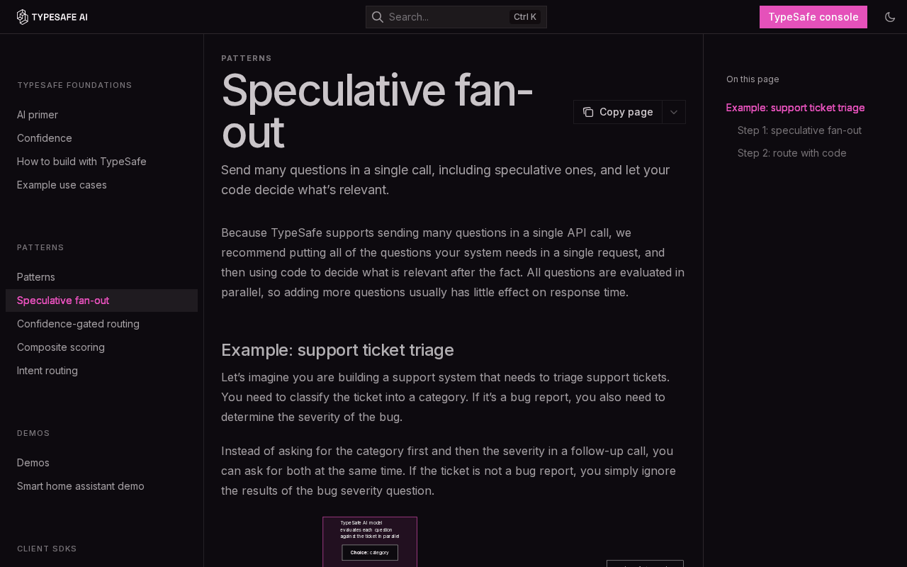TypeSafe’s Speculative fan-out docs page recommending that all of a system’s questions go in a single request, with code deciding what is relevant after the fact, above a support-ticket triage example