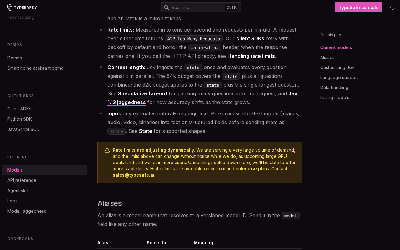 TypeSafe models page showing the Jev rate limit line, where a request over either limit returns 429, and the warning that rate limits are adjusting dynamically and can change without notice