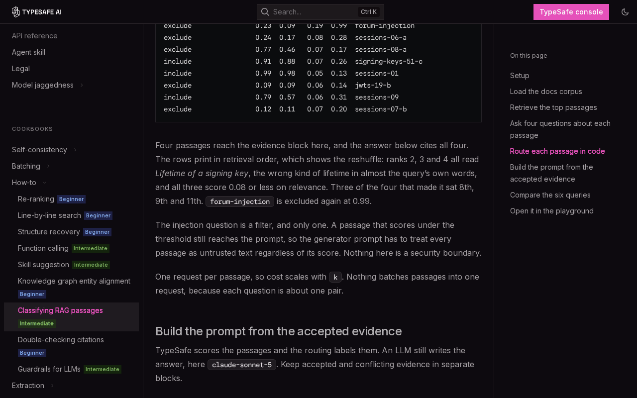 TypeSafe’s Classifying RAG passages cookbook, below a table of passage scores, stating that the injection question is a filter and only one, that passages under the threshold still reach the prompt, and that nothing here is a security boundary