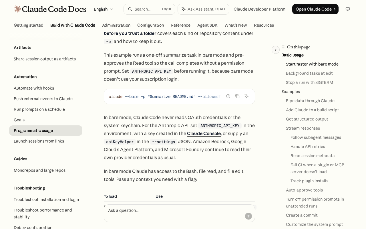 Claude Code bare mode section of the Run Claude Code programmatically docs page, showing a bare-mode claude -p example and the paragraph saying bare mode never reads OAuth credentials or the system keychain, so the Anthropic API needs ANTHROPIC_API_KEY or an apiKeyHelper in the settings JSON