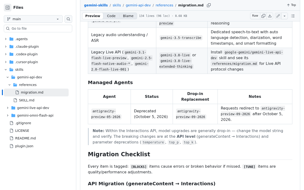 Google’s gemini-skills migration.md on GitHub, Managed Agents table: antigravity-preview-05-2026 deprecated October 5, 2026, drop-in replacement antigravity-preview-09-2026, with a note that requests redirect to 09-2026 after October 5