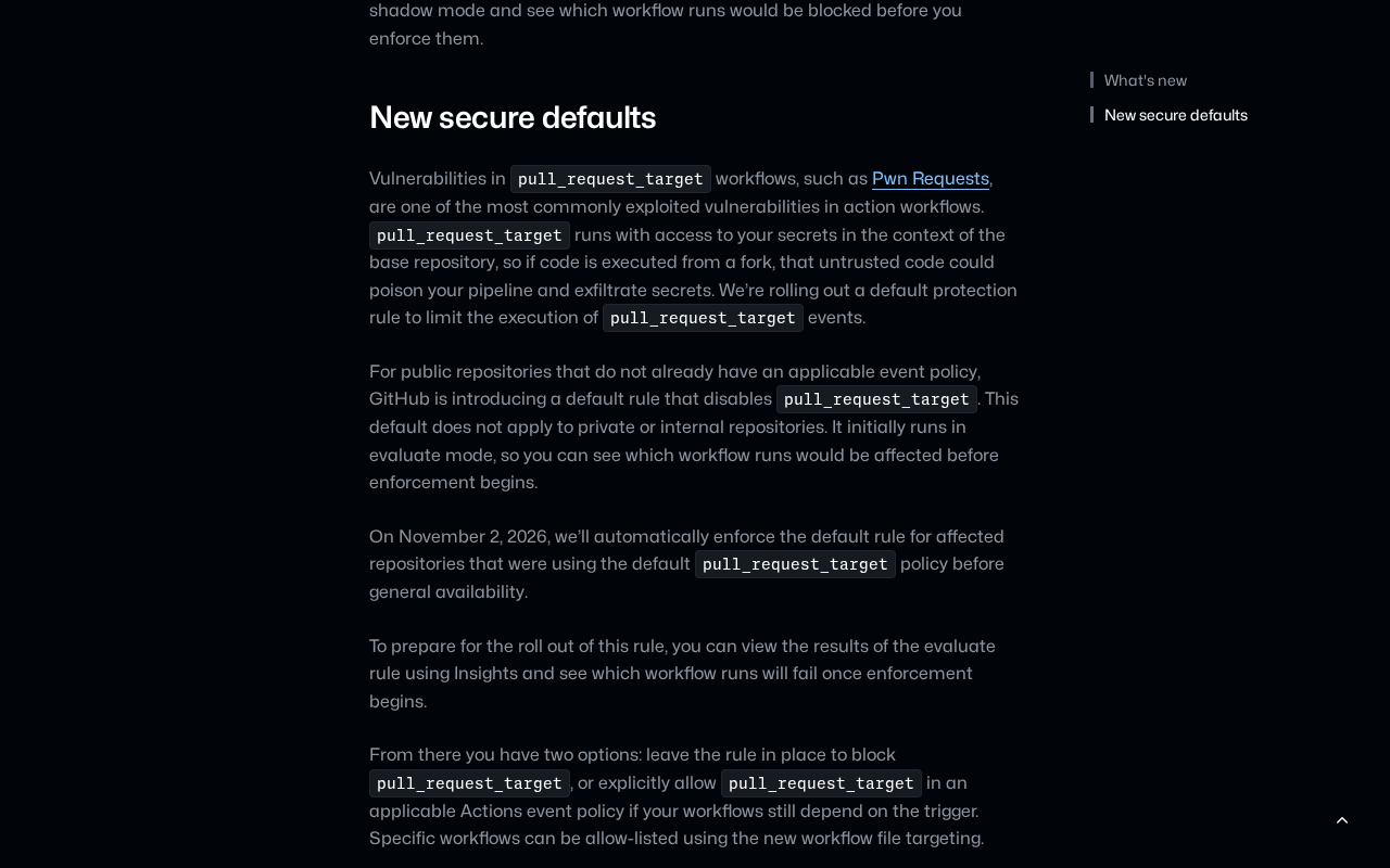 GitHub changelog post on workflow execution protections in GitHub Actions, showing the new secure defaults section: a default rule that disables pull_request_target in public repositories without an event policy, evaluate mode first, and automatic enforcement on November 2, 2026