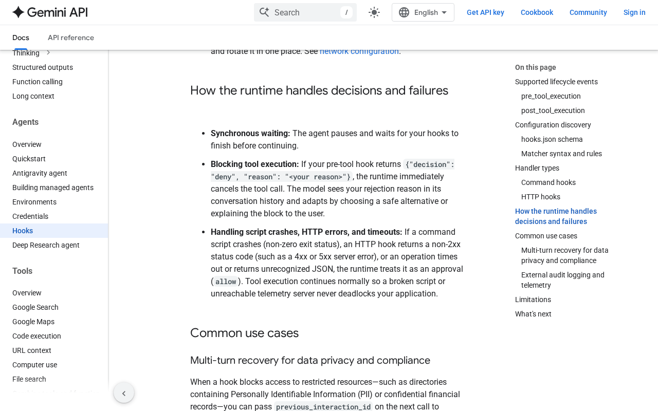 Gemini API Hooks page, section on how the runtime handles decisions and failures: a pre-tool deny cancels the call, while script crashes, non-2xx HTTP responses, timeouts and unrecognized JSON are treated as an approval