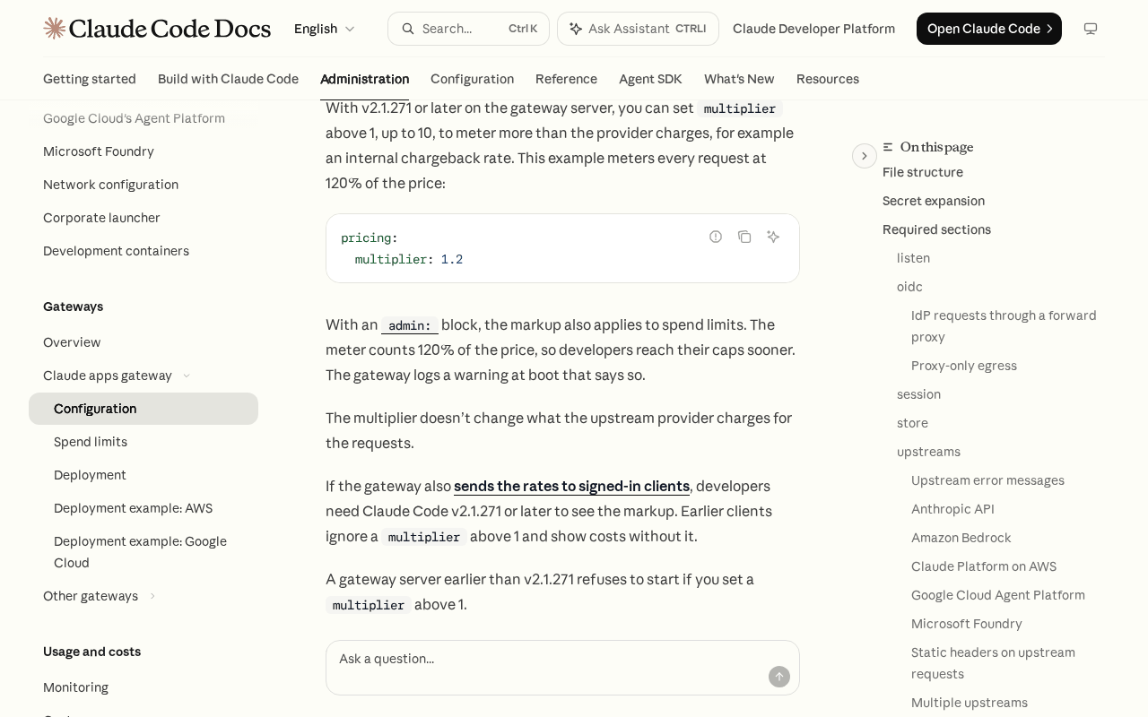 Claude Code Docs page for Claude apps gateway configuration showing a pricing block with multiplier 1.2, a note that with an admin block the markup also applies to spend limits, and the line that the multiplier doesn’t change what the upstream provider charges