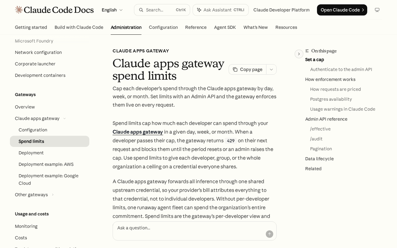 Claude Code Docs page on Claude apps gateway spend limits, with the paragraph stating that the gateway forwards all inference through one shared upstream credential so the provider’s bill attributes everything to that credential, not to individual developers