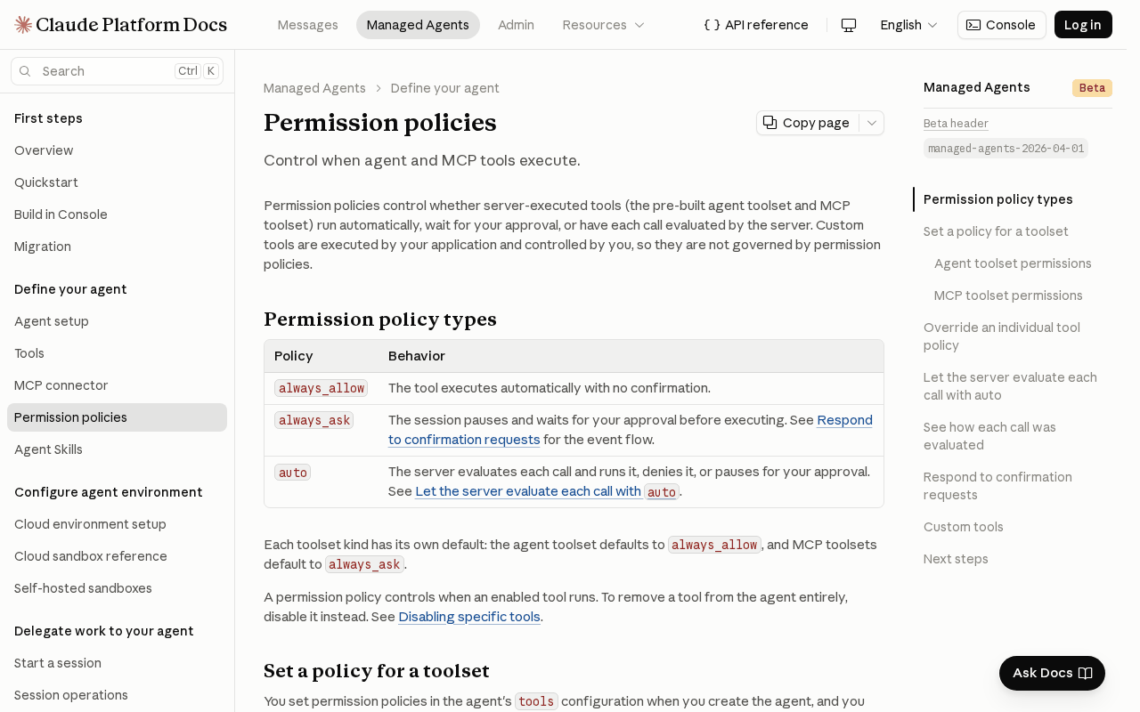 Claude Managed Agents permission policy reference page showing the always_allow, always_ask and auto policy types in a table, with the agent toolset defaulting to always_allow and MCP toolsets to always_ask