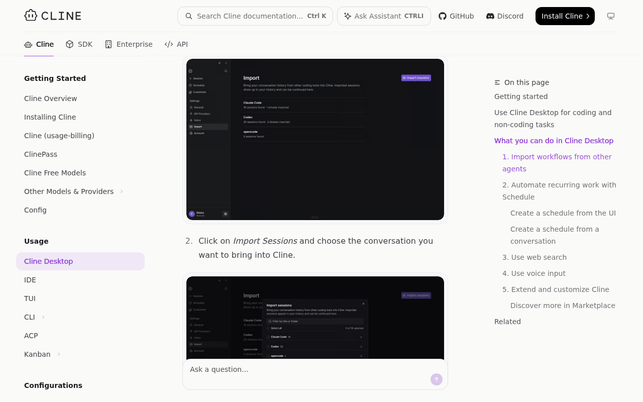 Cline documentation page for Cline Desktop showing the Import settings screen with a list of source agents and step 2, Click on Import Sessions and choose the conversation