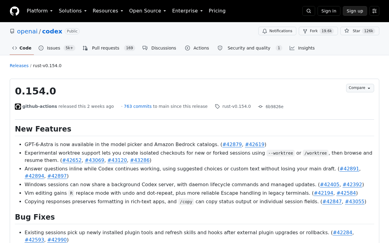 Codex 0.154.0 release notes on GitHub, New Features list with the experimental worktree support bullet naming the worktree flag and the /worktree command