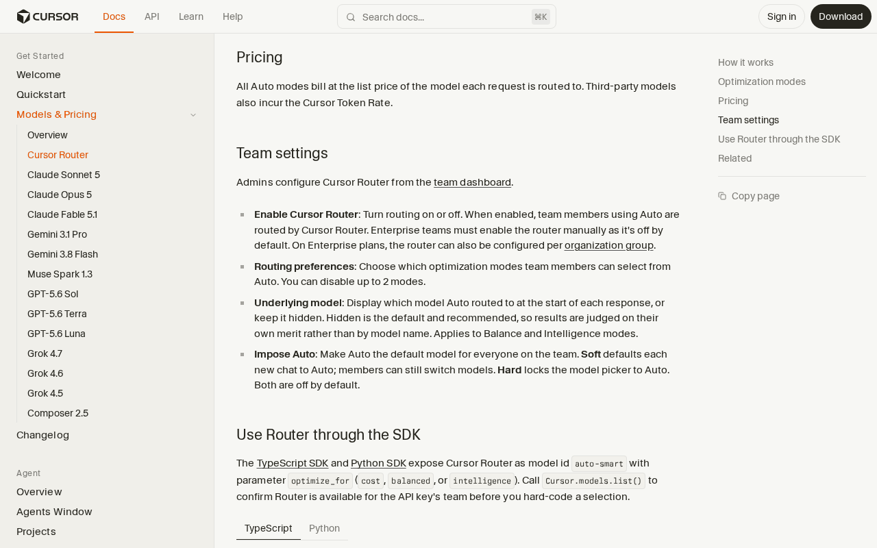 Cursor Router documentation showing the pricing paragraph that bills every Auto mode at the routed model’s list price, and the team settings list including the Underlying model option, hidden by default