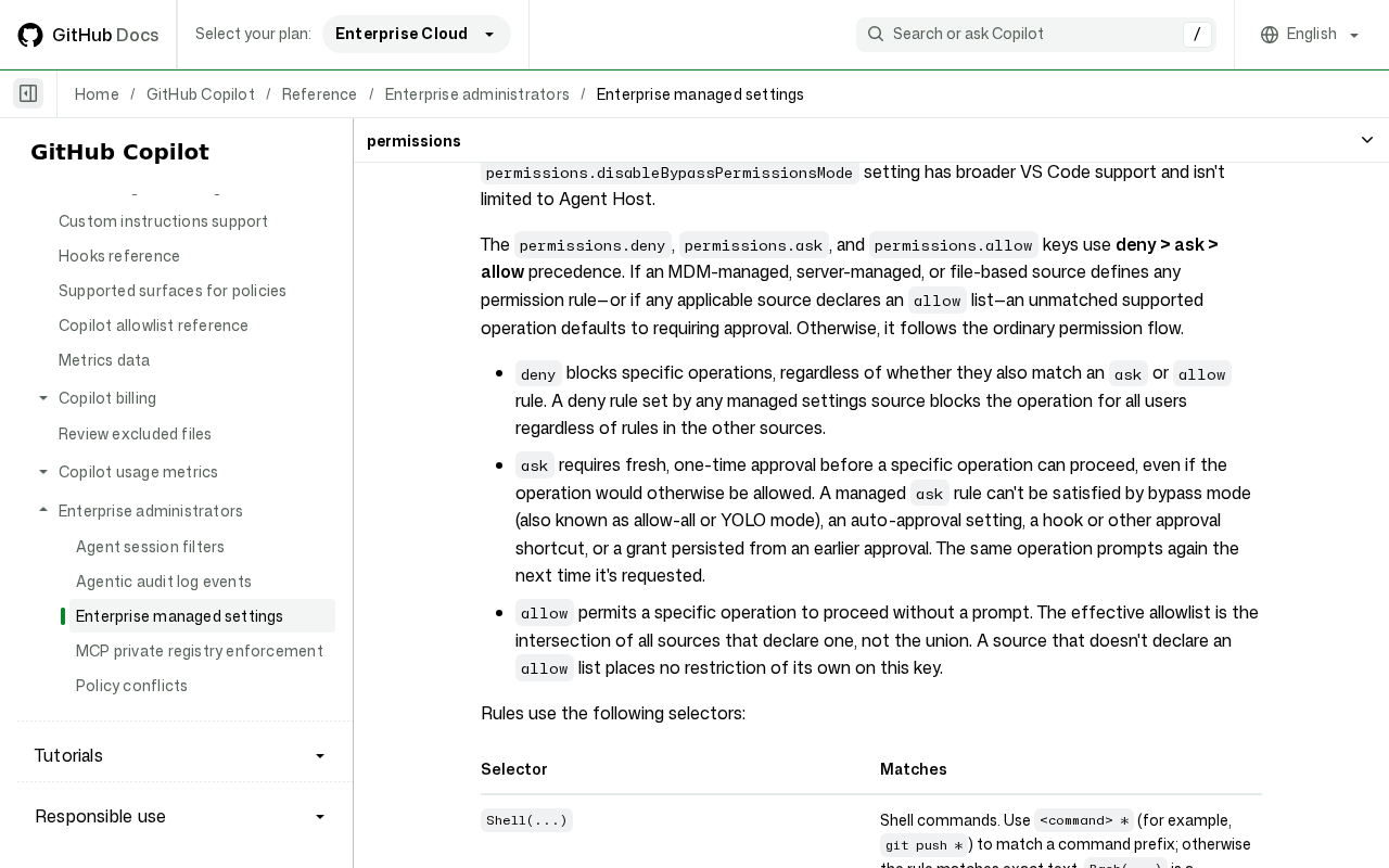 GitHub Docs enterprise managed settings page showing deny, ask and allow precedence and the sentence that a managed ask rule cannot be satisfied by bypass mode, auto-approval, a hook or a persisted grant
