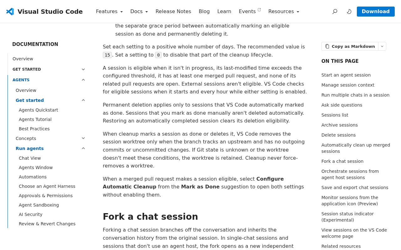 VS Code documentation on automatic session cleanup showing the recommended value of 15, the eligibility rule, external sessions not eligible, hourly checks, and the line that cleanup never force-removes a worktree